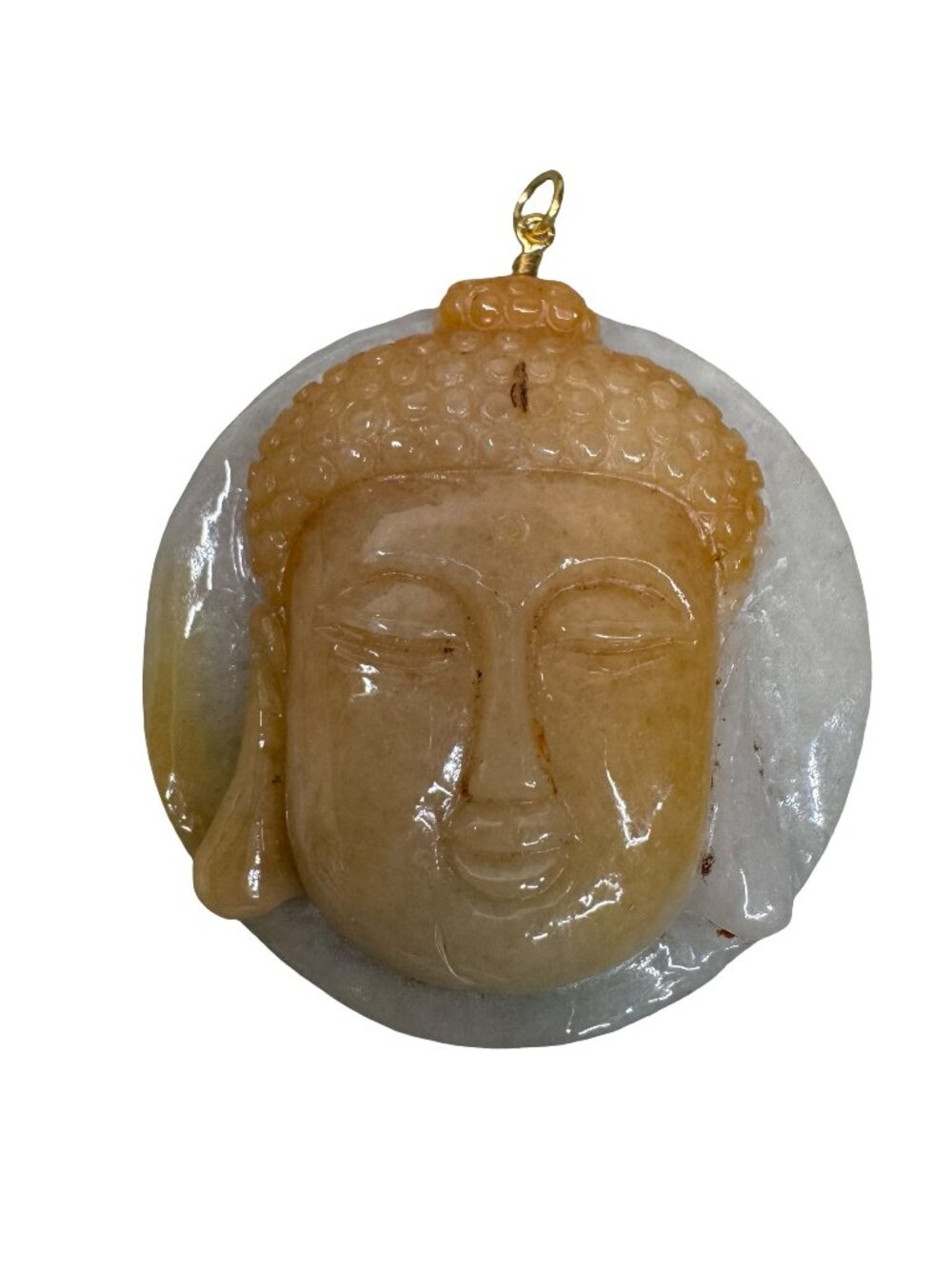 Hand-Carved Jade Buddha Face Pendant 18K Gold  Loop 2.5" Prosperity Luck 66.52g